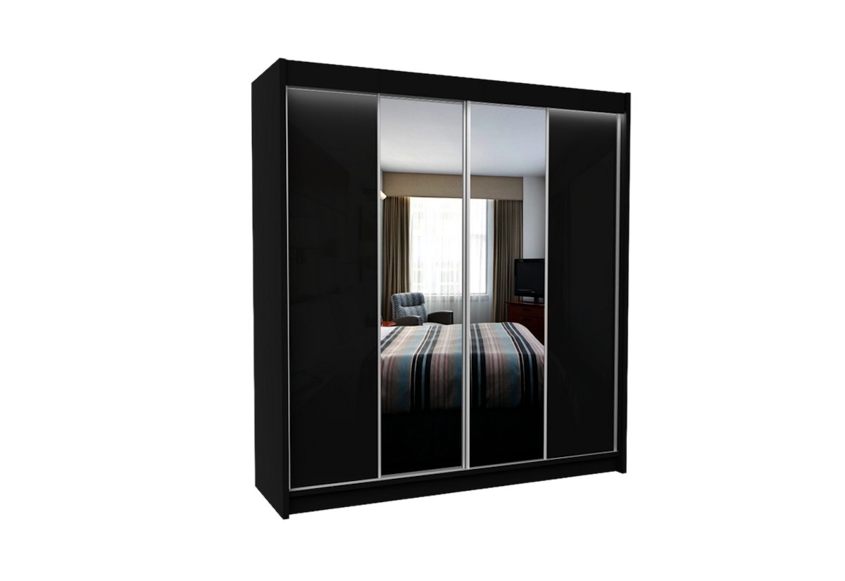 Supermobel Skříň s posuvnými dveřmi a zrcadlem LUZON + Tichý dojezd, 200x216x61, černá