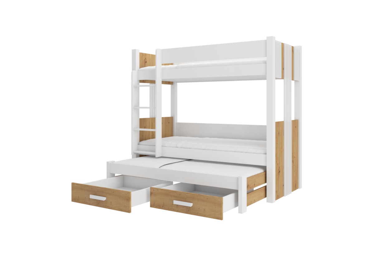 Supermobel Dětská patrová postel ARTEMA + 3x matrace, 90x200, bílá/dub artisan